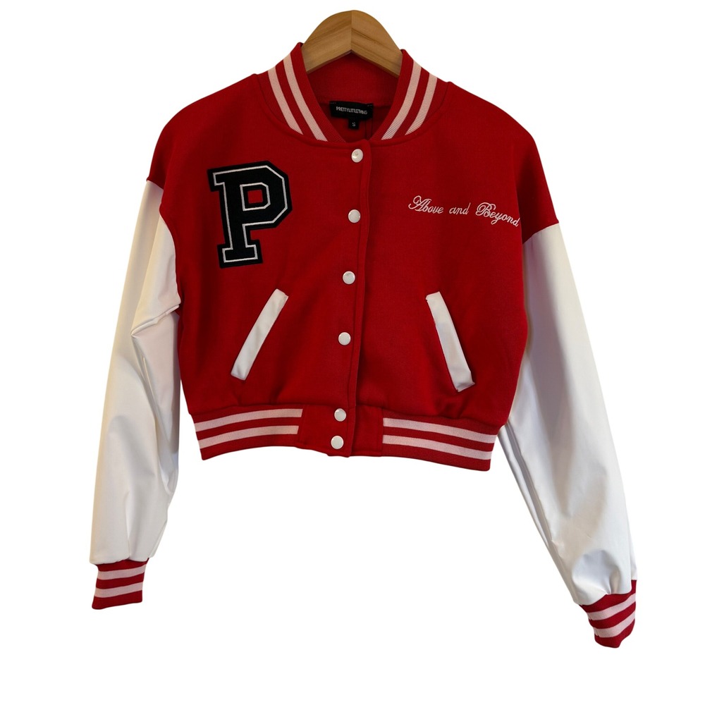 NWT PRETTYLITTLETHING Red & White Varsity Cropped Bomber Jacket  Size S‎ - Picture 3 of 12